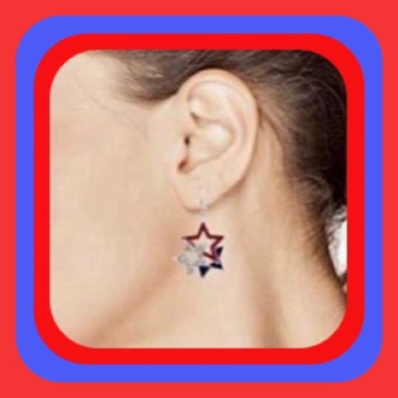 New Gorgeous Rhinestone Enamel Patriotic American Triple Star Earrings - Picture 6 of 8